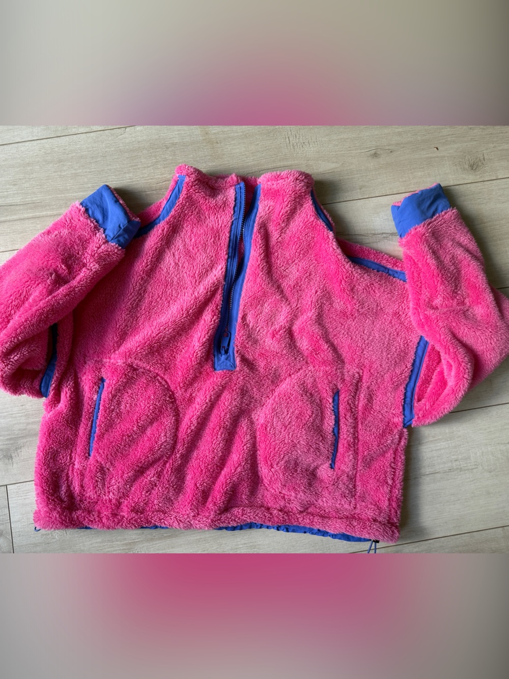Bright Pink Fuzzy Half-Zip Pullover with Blue Trim